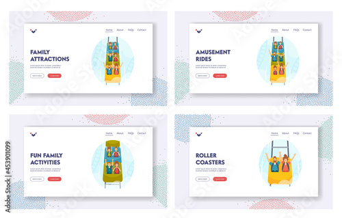 Family Attractions Landing Page Template Set. Excited Characters Riding Roller Coaster in Amusement Park, Rollercoaster