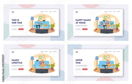 Happy Family at Home Landing Page Template Set. People Watching TV and Eating Pizza, Kids and Parents Characters Day Off