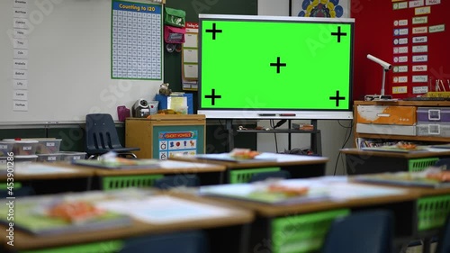 Wallpaper Mural Large interactive white board with green screen chroma key in empty school classroom. Torontodigital.ca