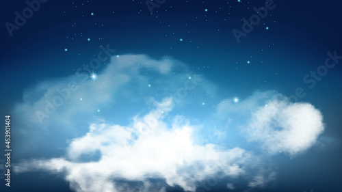Fototapeta Naklejka Na Ścianę i Meble -  Night Starry Sky With Flying Fluffy Clouds Vector. Beautiful Atmospheric Clouds And Glowing Stars Nature Decoration. Seasonal Cloudy And Environment. Atmosphere Phenomenon Template 3d Illustration