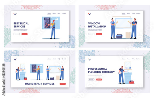 Home Repair Services Landing Page Template Set. Handyman Fixing Sink in Bathroom, Workers Characters Install Window