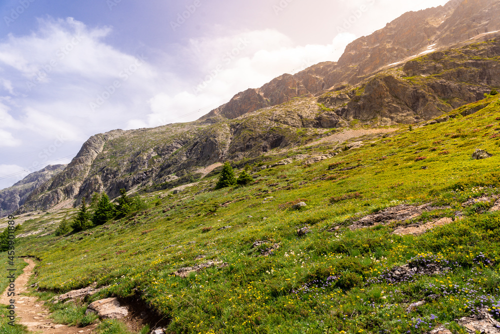 Panoramic beautiful alpine landscape in summer. Sunset in french alps. High plateau in mountains.