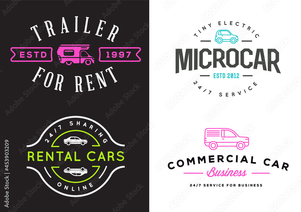 Set of Four Car Rental or Car Service Signs. Template with Fictitious Text.