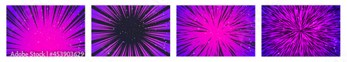 Set of 4 Hyper Speed Warp Sun Rays or Explosions. Boom for Comic Books. Radial Background. Vector..
