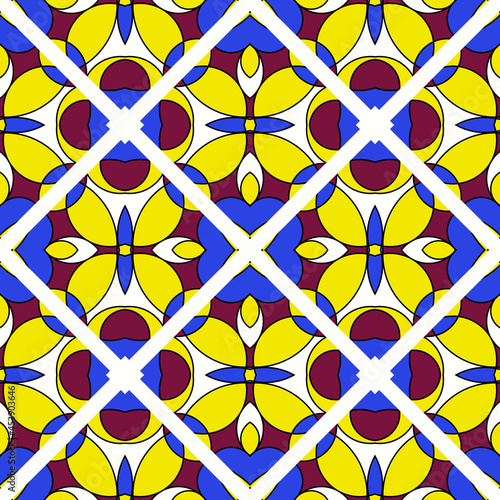 seamless pattern with bright abstract shapes, tiles drawn by hand in bright colors, modern fashionable background design