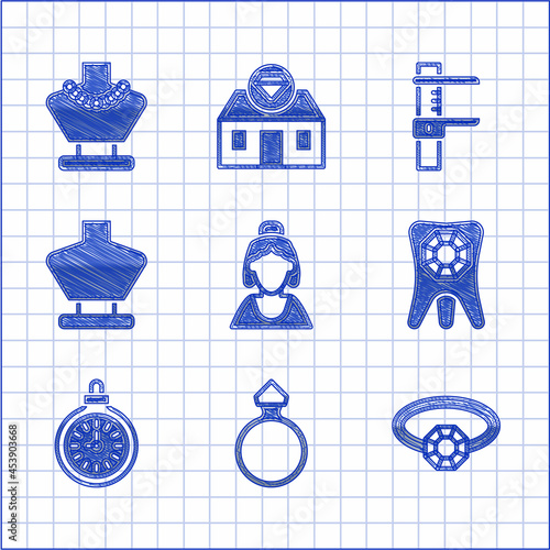 Set Consultant of jewelry store, Diamond engagement ring, Tooth with diamond, Pocket watch, Necklace mannequin, Calliper caliper and scale and icon. Vector