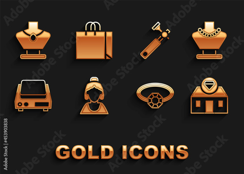 Set Consultant of jewelry store, Necklace mannequin, Jewelry, Diamond engagement ring, Electronic scales, Jewelers lupe, and Shopping bag icon. Vector