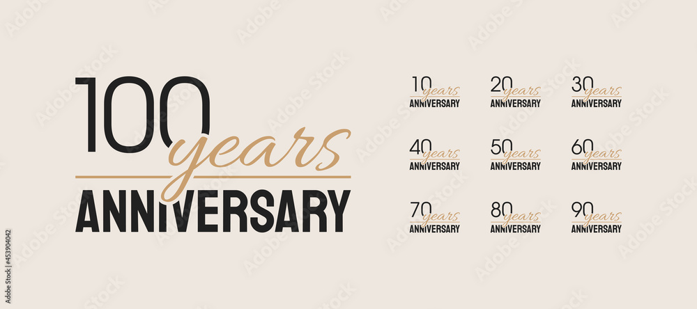 Set of anniversary icons. Decades logotype celebration. 10, 20, 30, 40, 50, 60, 70, 80, 90, 100. Vector illustration - obrazy, fototapety, plakaty 
