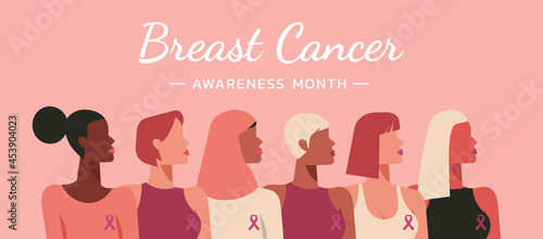 breast cancer awareness month web banner for disease prevention campaign and diverse ethnic women group together with pink support ribbon symbol on chest concept, vector flat illustration
