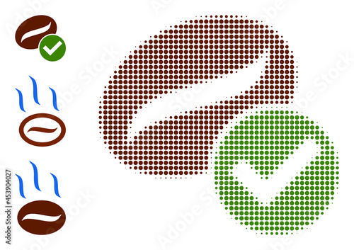 Halftone valid coffee. Dotted valid coffee designed with small round points. Vector illustration of valid coffee icon on a white background. Halftone array contains round points.