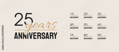 25 years anniversary icon set. Modern simple design with gold elements. 15, 35, 45, 55, 65, 75, 85, 95, Vector illustration