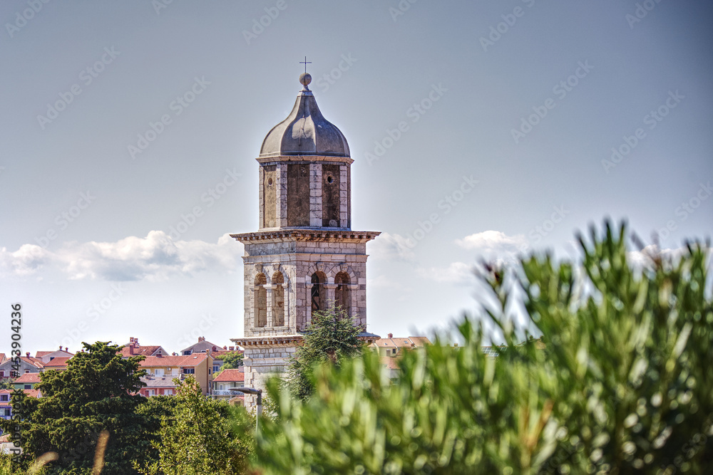 view of a steeple in a town on an adriatic island 
