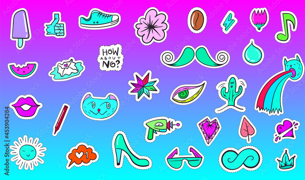 Big Set of Vaporwave Styled Colorful Modern Patches or Stickers. Fashion cyan magenta patches. Cartoon 80's - 90's retrowave style. Vector illustration.