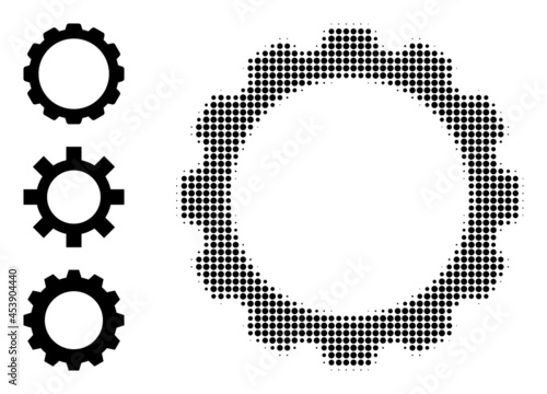 Halftone gearwheel. Dotted gearwheel designed with small round dots. Vector illustration of gearwheel icon on a white background. Halftone pattern contains circle dots.