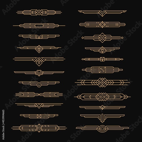 Golden art deco borders. Geometry ornament elements, gold decor dividers. 1920s vintage creative frame, modern decoration tidy vector design