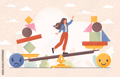 Balancing female character. Good feeling concept. Choice over bad mood. Unstable mental state and tight emotion control. Flat cartoon vector illustration. Abstract metaphor