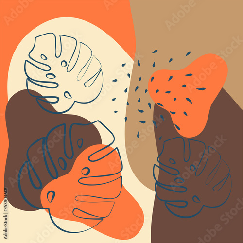 Vector. Minimalistic autumn background in pastel colors, with monstera leaves in a linear style and abstract shapes. Modern minimalist mobile wallpaper for social media stories, branding, covers.