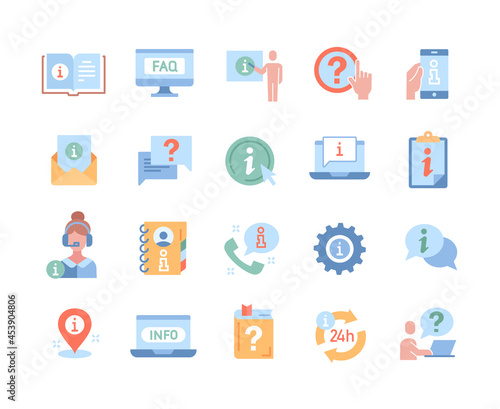 Info and help desk vector colored icons. Icons as guide reading, FAQ, manual, info center. Set of minimal style colorful flat cartoon vector illustrations isolated on white background