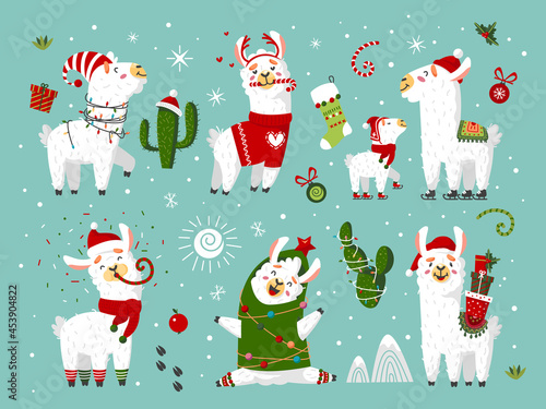 Christmas cartoon alpaca. Cute xmas llama, animals wear scarf and santa hat. Holiday lama with gifts, garlands on cactus classy vector festive elements