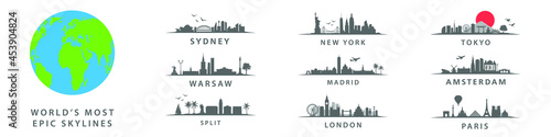 Collection of world s most epic skylines  big cities on Globe  Warsaw  New York  Sydeny  Tokyo  Amsterdam  London  Paris