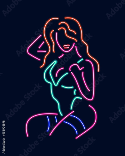 Neon silhouette of girl isolated on dark background.