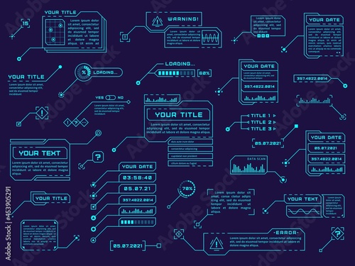 Callout elements. Futuristic design, text callouts panel. Gaming interface, hud style textbox. Virtual digital info frames tidy vector collection