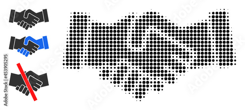 Halftone handshake. Dotted handshake constructed with small round dots. Vector illustration of handshake icon on a white background. Halftone array contains round pixels.