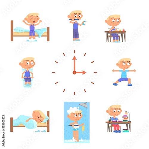 Boy daily schedule. Cartoon child, school routine. Cute kid eating, sleeping, hygiene doing. Isolated happy preschool guy decent vector concept