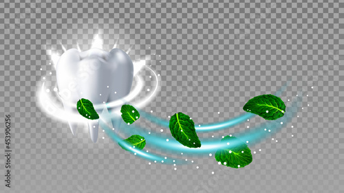 Healthy Tooth Smelling Natural Mint Aroma Vector. White Tooth Brushing Fresh Aroma Toothpaste And Plant Green Leaves With Sparkle. Mouth Hygienic Procedure Template Realistic 3d Illustration