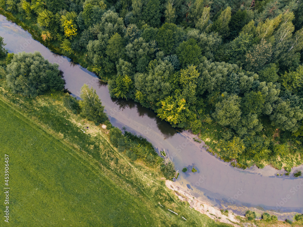 Aerial top view of river Isloch in Belarus. Drone shot Aerial top view of river Isloch in Belarus. Drone shot