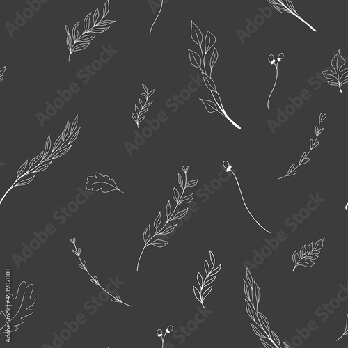 Vector trendy seamless background of white doodle leaves and branches on the dark grey background. Endless pattern, freehand drawn botanical ornament for textile, scrapbooking, wrapping paper