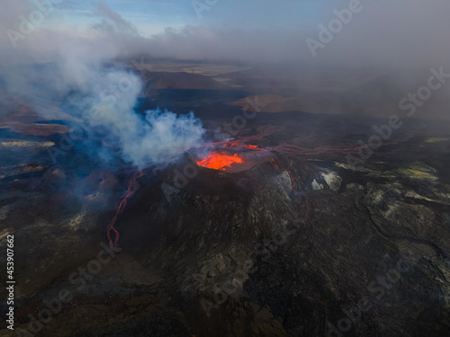  Impressive aerial view of the exploding red lava from the Active Volcano in Iceland