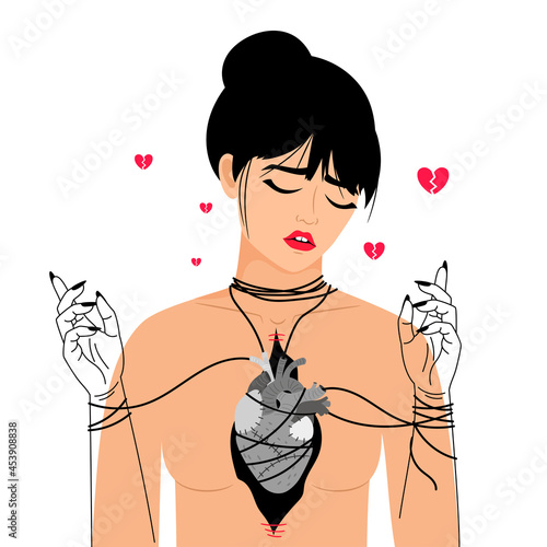 Woman broken heart. Depressed unhappy offended young girl with brokened hearts, relationships depression lovers reject divorce crisis concept, criing lonely female person