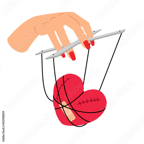 Love manipulation. Heart on manipulative strings in woman hand, girl power, relationship puppet concept vector illustration
