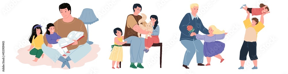 Set of vector flat cartoon dad and children characters happily spend time together-reading,dancing,petting cat,having fun-happy childhood,healthy family relationships concept,web site banner design Set of vector flat cartoon dad and children characters happily spend time together-reading,dancing,petting cat,having fun-happy childhood,healthy family relationships concept,web site banner design