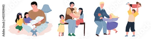 Set of vector flat cartoon dad and children characters happily spend time together-reading,dancing,petting cat,having fun-happy childhood,healthy family relationships concept,web site banner design