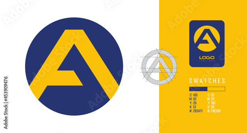 Clean and minimalist logo using letter A in a Circle made using geometric shapes with swatches codes for branding designs with a secondary colour option for the logo