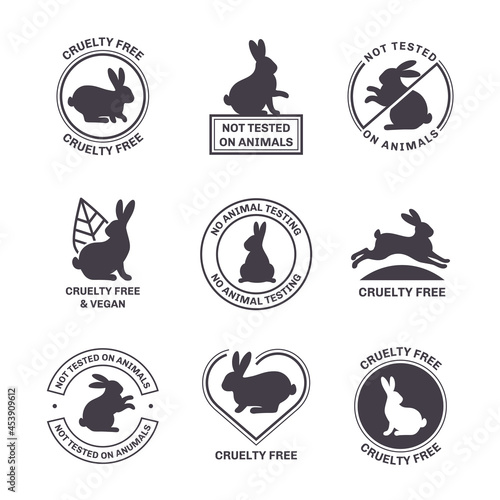 Not tested on animals icons set isolated on white background. Vector illustration. Cruelty free symbol for sticker, logo or product label. Rabbit silhouette, vegan sign