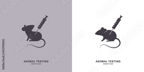 Animal testing icon, vector illustration. Laboratory mouse with syringe, experimental injection of vaccine or drug. Rat silhouette isolated on white background.