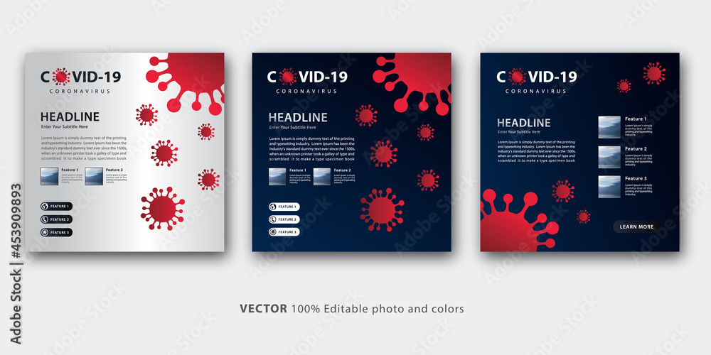 Collection of editable covid-19 square banner template. Coronavirus medical vaccination with virus cells shapes for social media post and web internet ads. Vector illustration