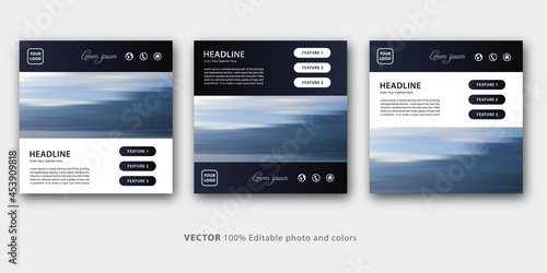 Collection of editable minimal square banner template. Modern blue white background color with geometric shapes for social media post and web internet advertisements. Vector illustration