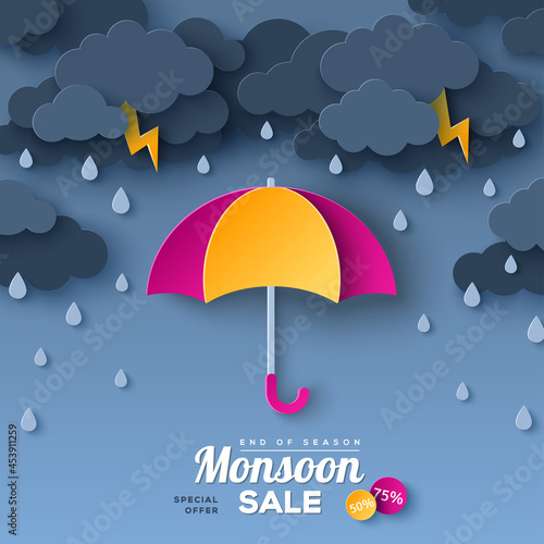 Opened pink and yellow umbrella in paper cut style. Vector illustration. Overcast sky, thunder and lightning. Rainy day monsoon sale offer banner template concept with dark clouds. Place for text.