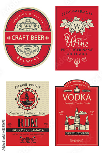 collection of vodka, wine, beer and rum labels isolated on white background