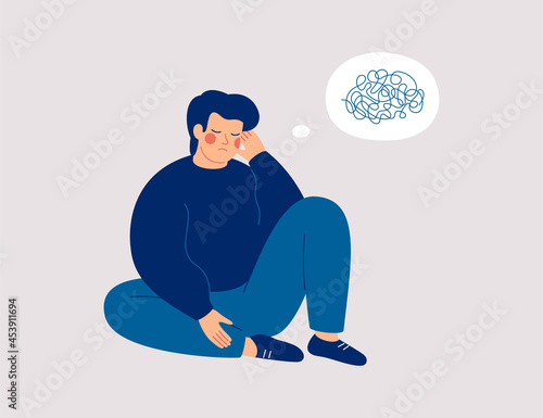 Sad man sits on the floor with tangled thoughts. The unhappy boy has confused thinking. The depressed male adolescent has memory problems. Concept of mental disorder or illness. Vector