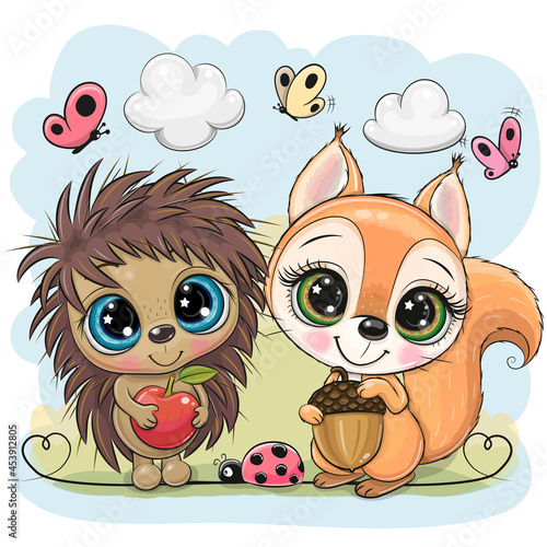 Cute hedgehog squirrel and butterflies on a blue background