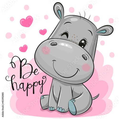 Cute Cartoon Hippo on a pink background