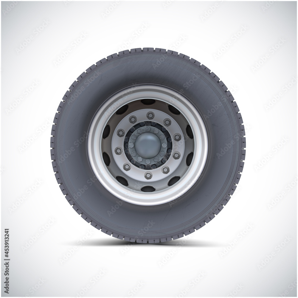 Obraz premium High quality vector illustration of typical truck front wheel isolated on white background. Realistic shining disk.