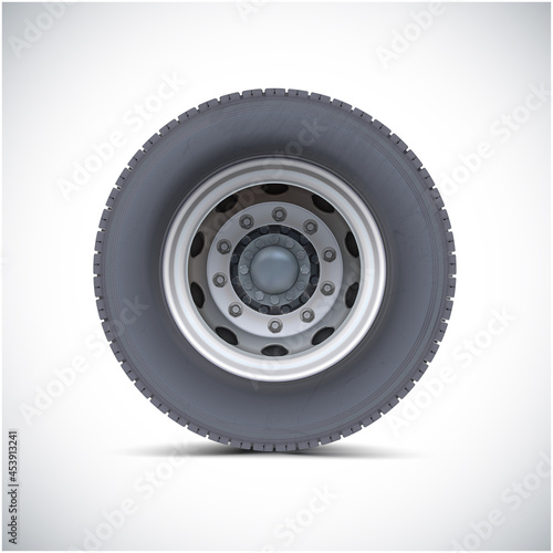 High quality vector illustration of typical truck front wheel isolated on white background. Realistic shining disk.