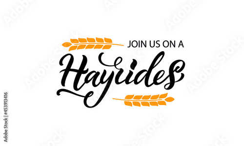 Hayrides handwritten text, modern brush calligraphy, vector illustration isolated on white background. Template with hand lettering for thanksgiving day, invitation, poster, logo. Autumn greeting card