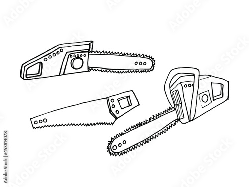 Doodle electric chainsaw illustration set. Hand drawn vector electric chain saw isolated. Handle black doodle saw set.
